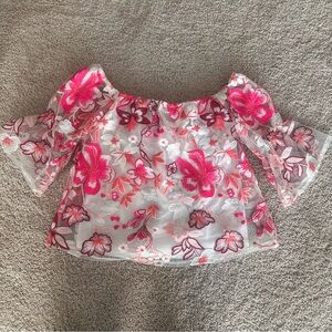 Alexia Admor New Pink White Embroidered Puff Sleeve Off Shoulder Blouse XS